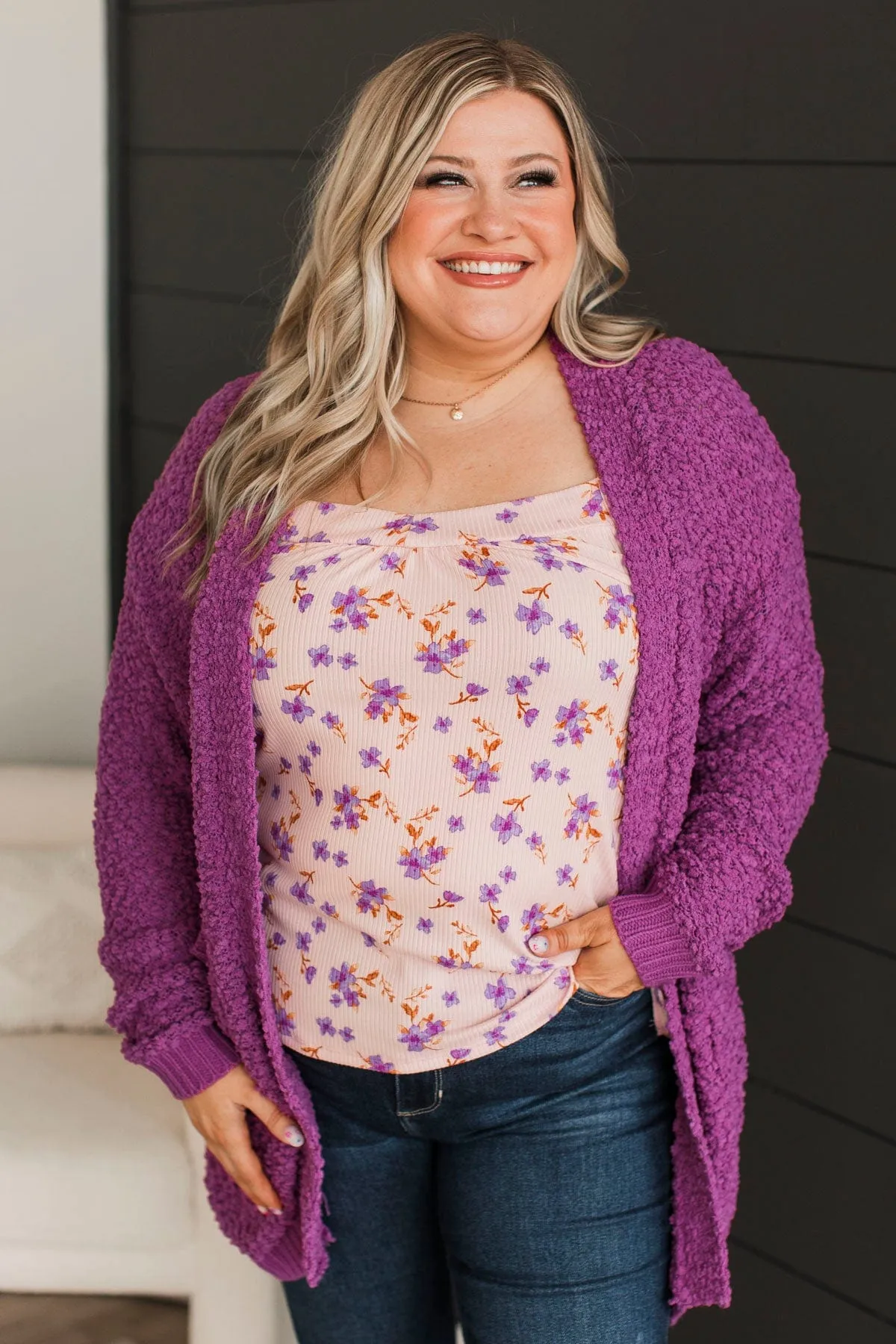 Movie Date Popcorn Knit Cardigan- Deep Orchid