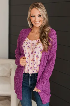 Movie Date Popcorn Knit Cardigan- Deep Orchid