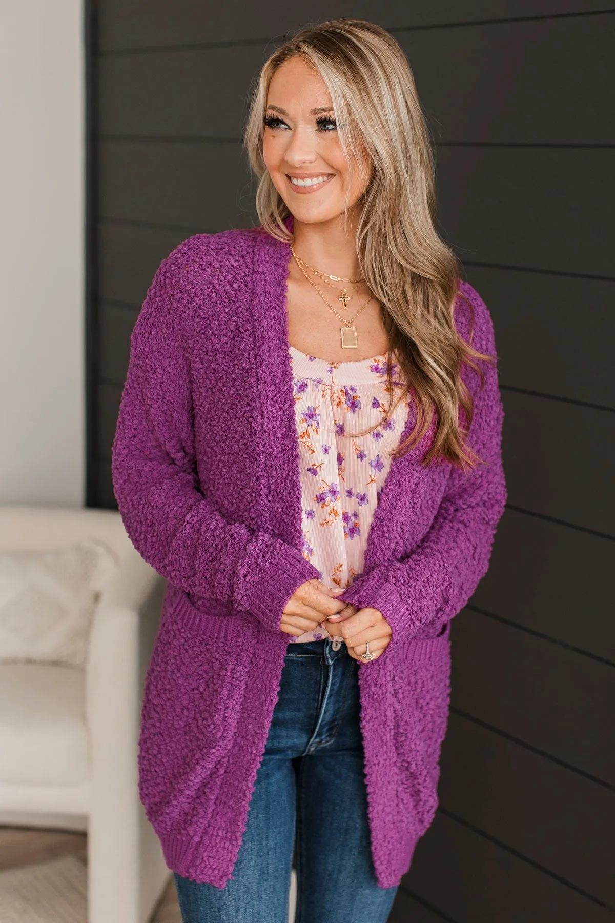 Movie Date Popcorn Knit Cardigan- Deep Orchid