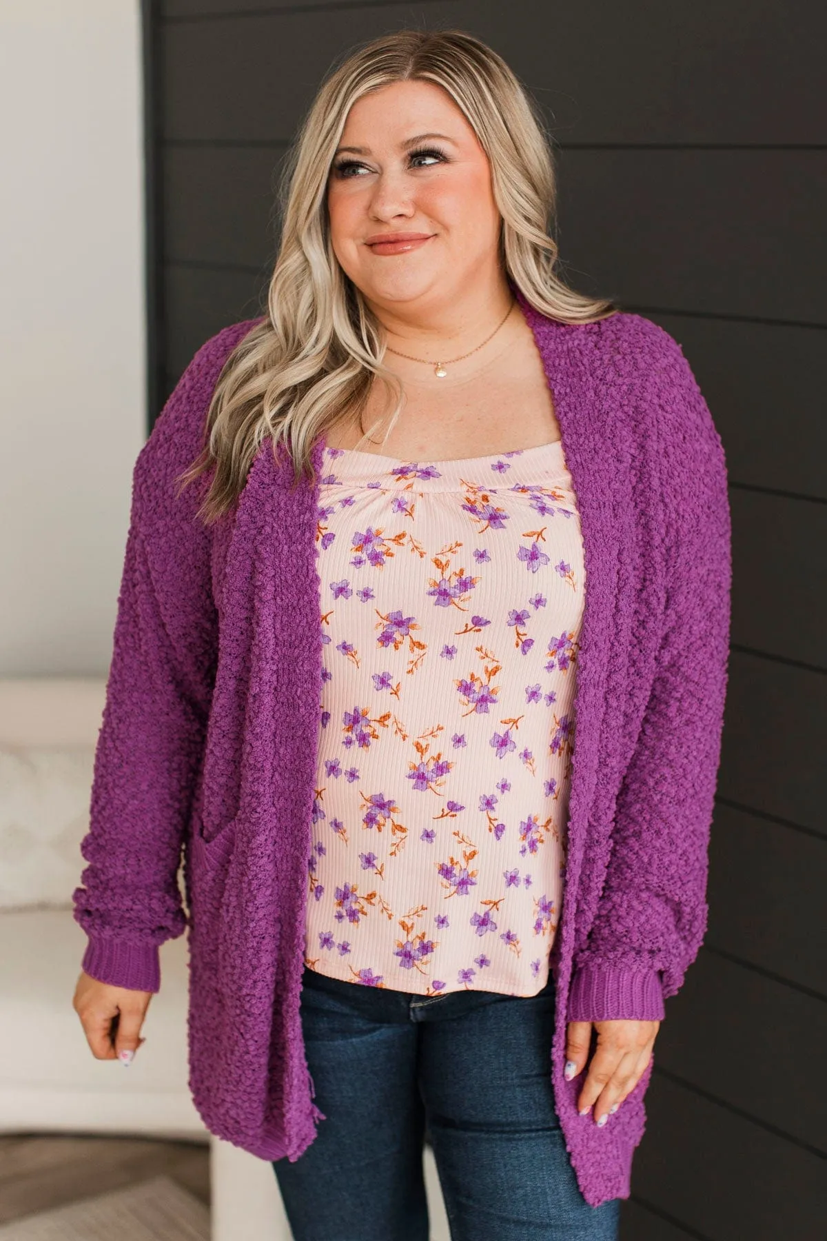 Movie Date Popcorn Knit Cardigan- Deep Orchid