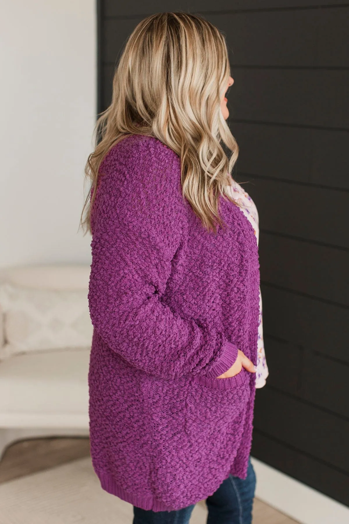 Movie Date Popcorn Knit Cardigan- Deep Orchid