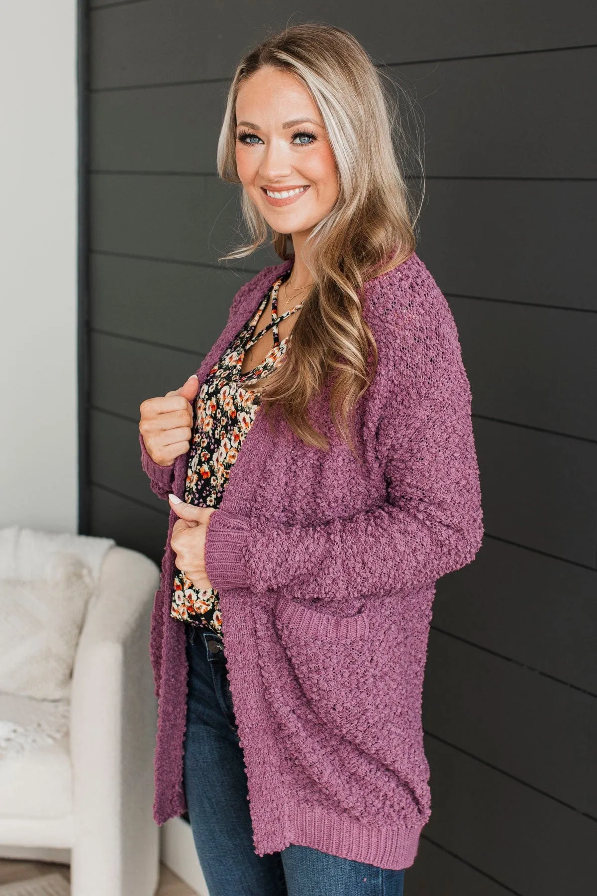 Movie Date Popcorn Knit Cardigan- Dusty Purple