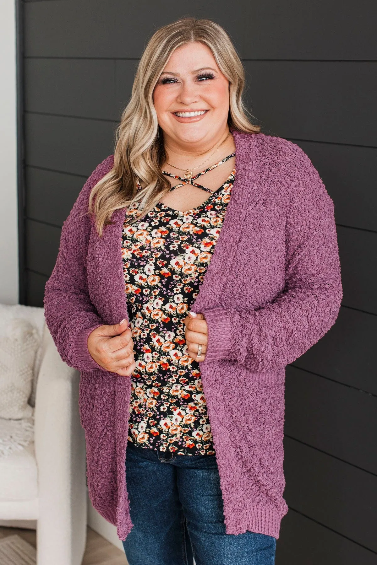 Movie Date Popcorn Knit Cardigan- Dusty Purple