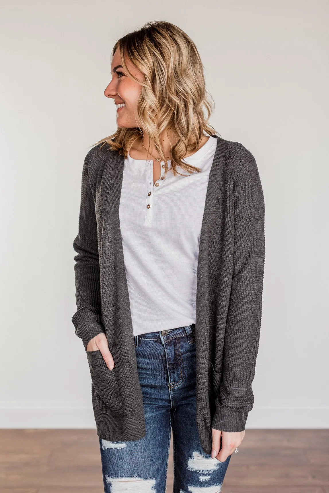 Need Some Time Away Knit Cardigan- Charcoal