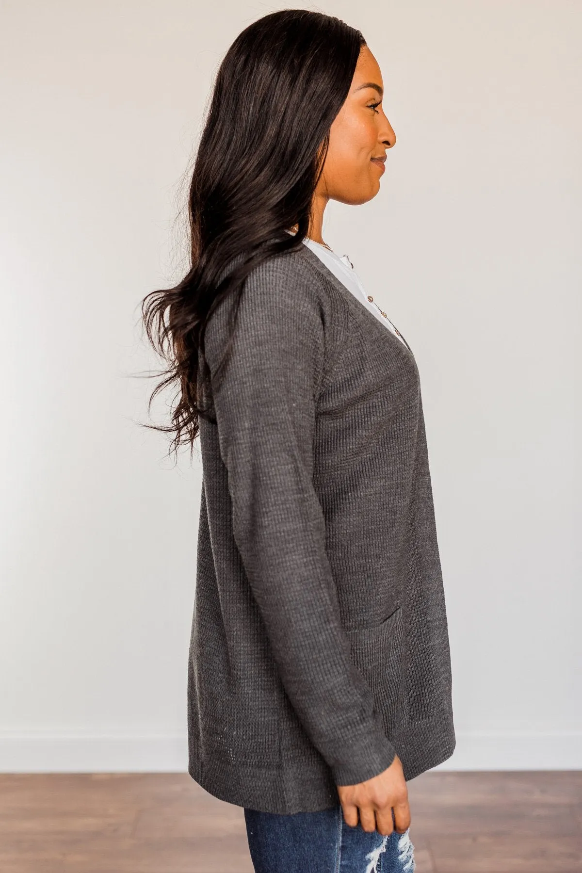 Need Some Time Away Knit Cardigan- Charcoal