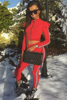 Red Frill Hem Sports Trim Tracksuit - Breanna