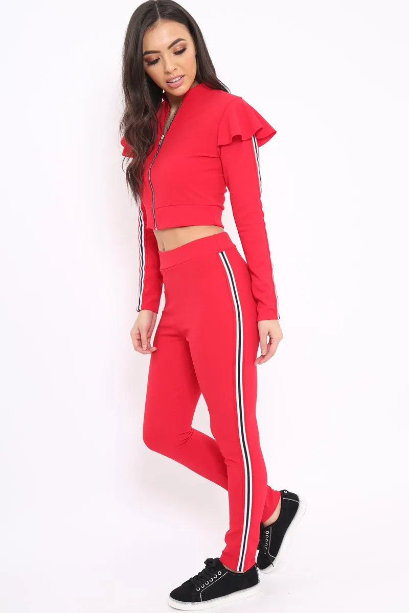 Red Frill Hem Sports Trim Tracksuit - Breanna