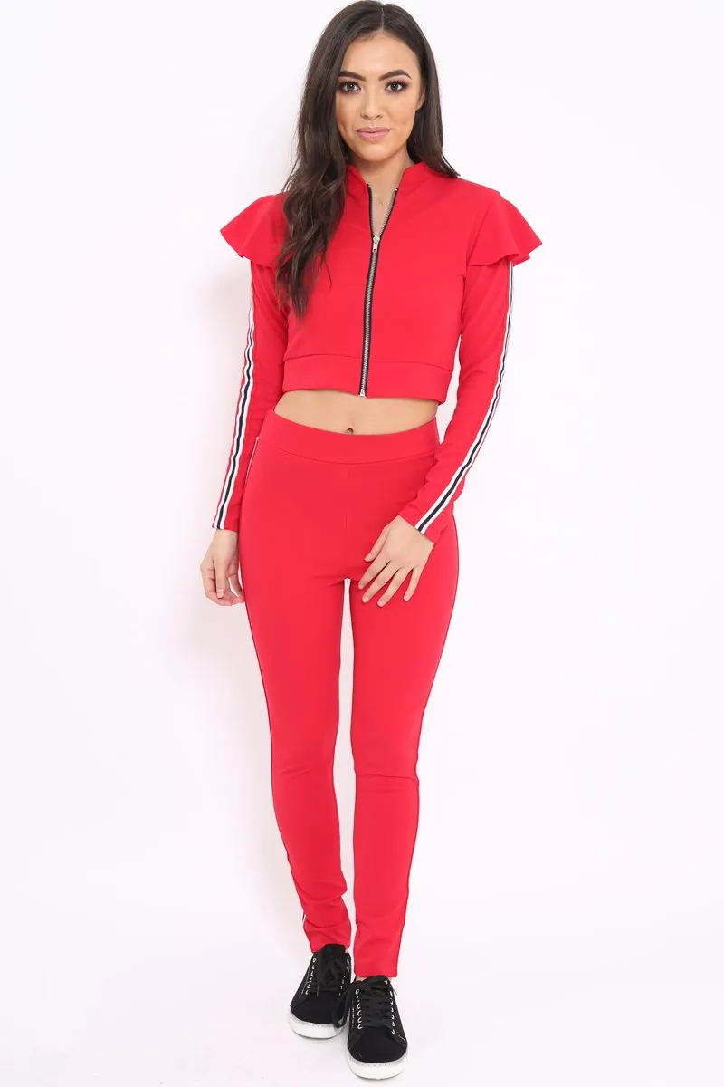 Red Frill Hem Sports Trim Tracksuit - Breanna