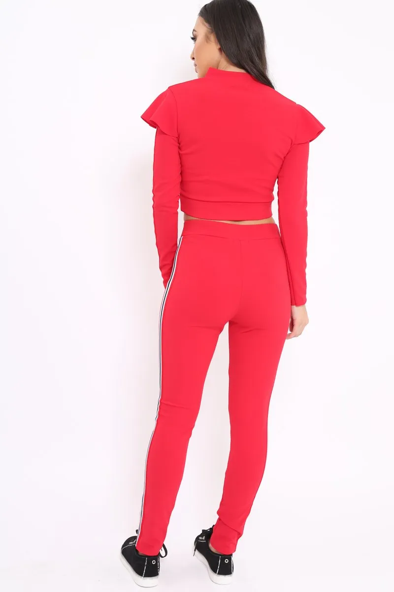 Red Frill Hem Sports Trim Tracksuit - Breanna