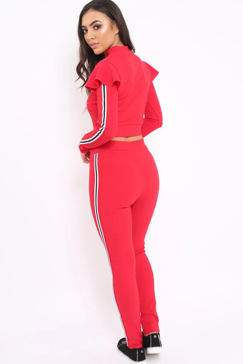 Red Frill Hem Sports Trim Tracksuit - Breanna