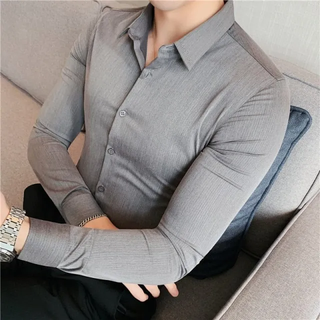 Slim Fit Striped British Style Long Sleeve Embroidery Collar Shirt for Men