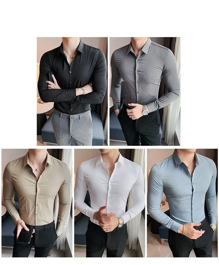 Slim Fit Striped British Style Long Sleeve Embroidery Collar Shirt for Men