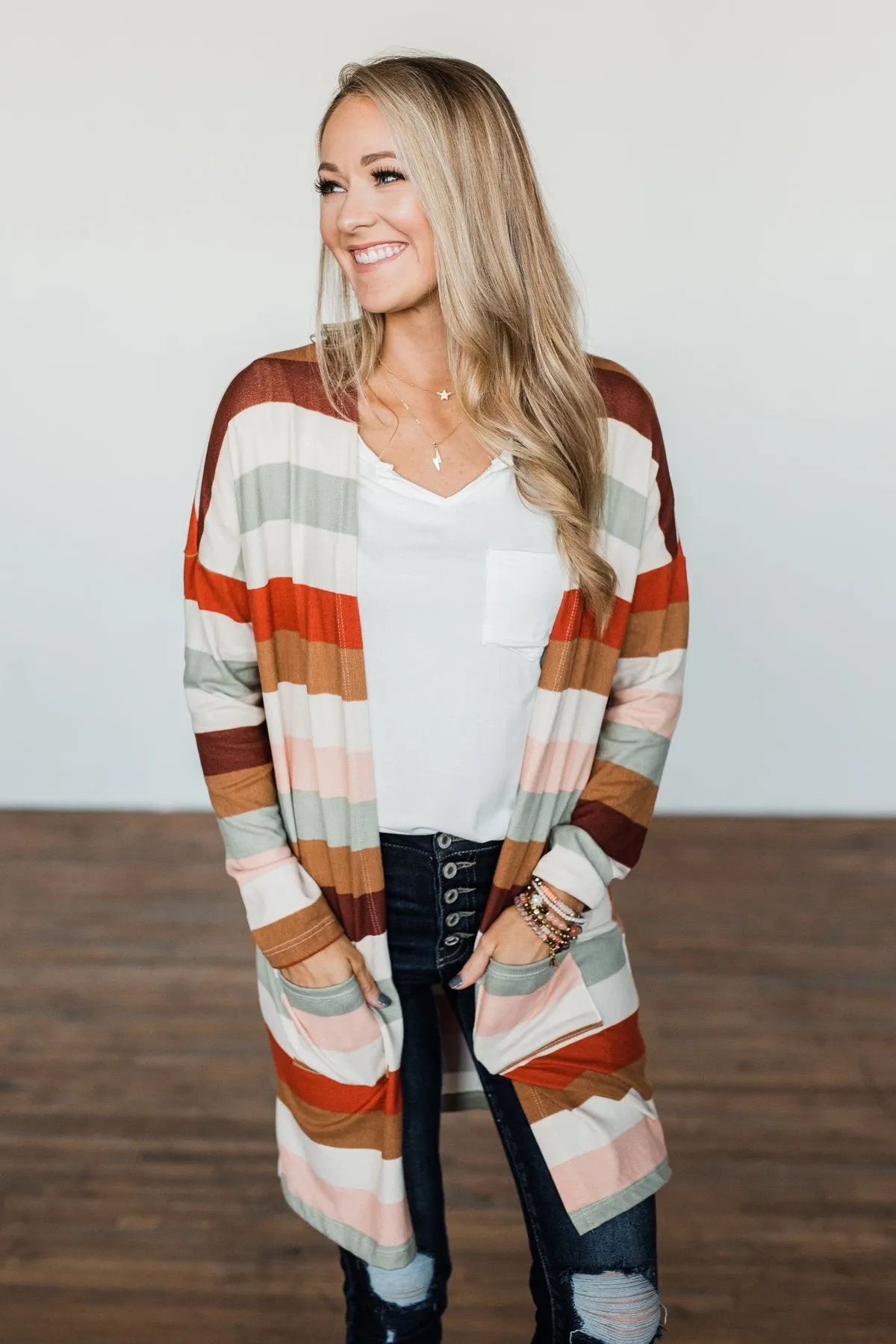 Smells Like Cider Striped Cardigan- Cream, Camel, Rust, & Sage