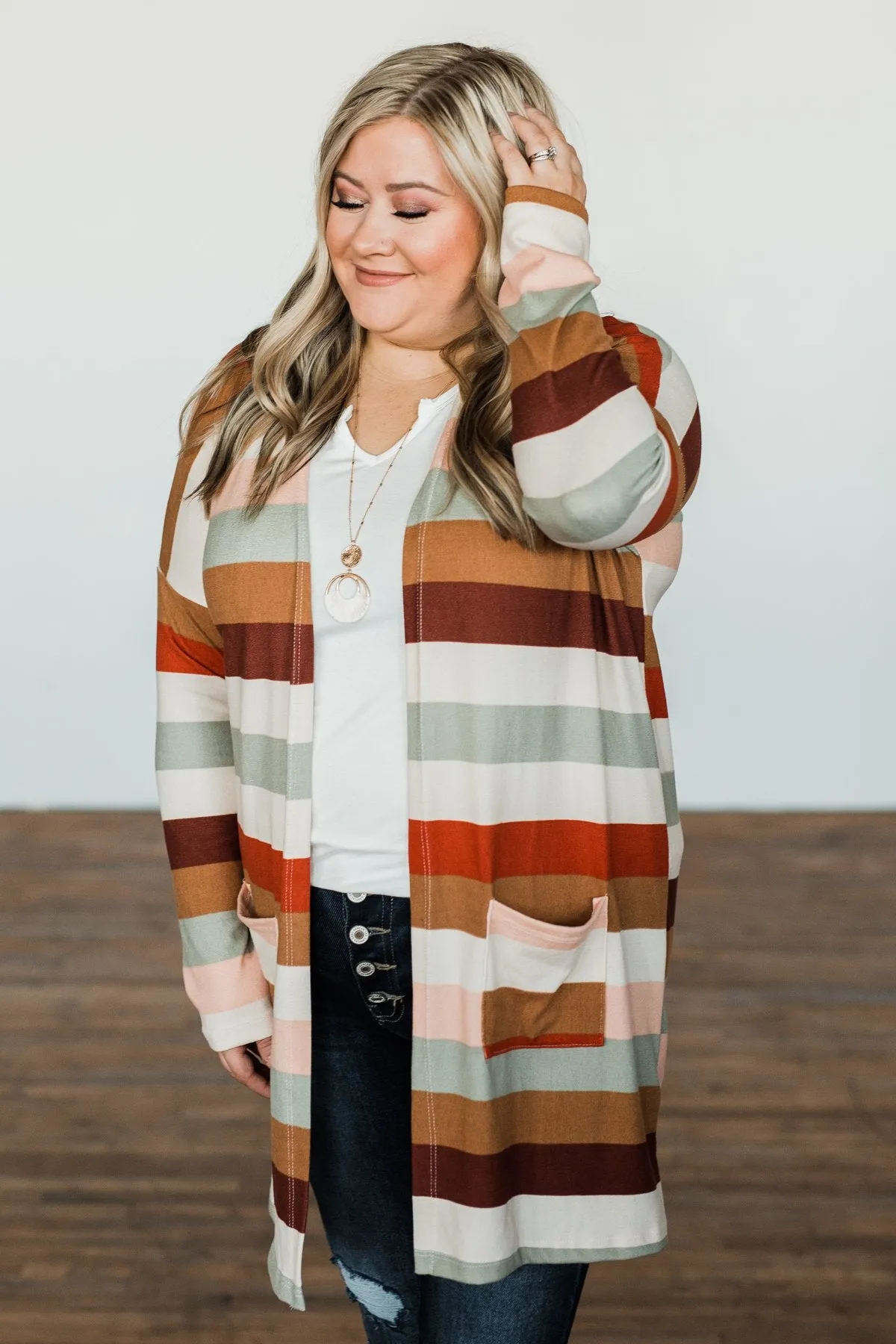 Smells Like Cider Striped Cardigan- Cream, Camel, Rust, & Sage