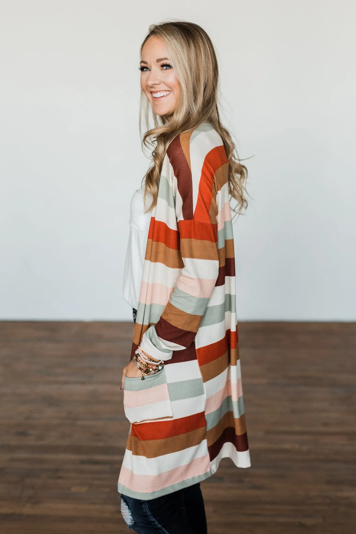 Smells Like Cider Striped Cardigan- Cream, Camel, Rust, & Sage