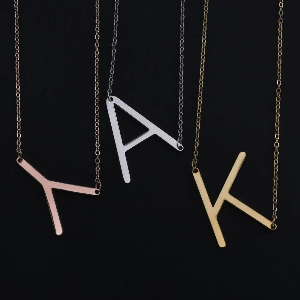 Stainless steel large initial necklace Gold Sideways Initial Necklace Side Letter Pendant Necklace oversize letter sideway initi