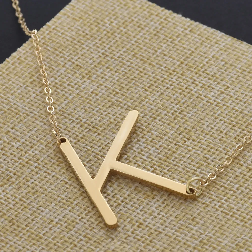 Stainless steel large initial necklace Gold Sideways Initial Necklace Side Letter Pendant Necklace oversize letter sideway initi