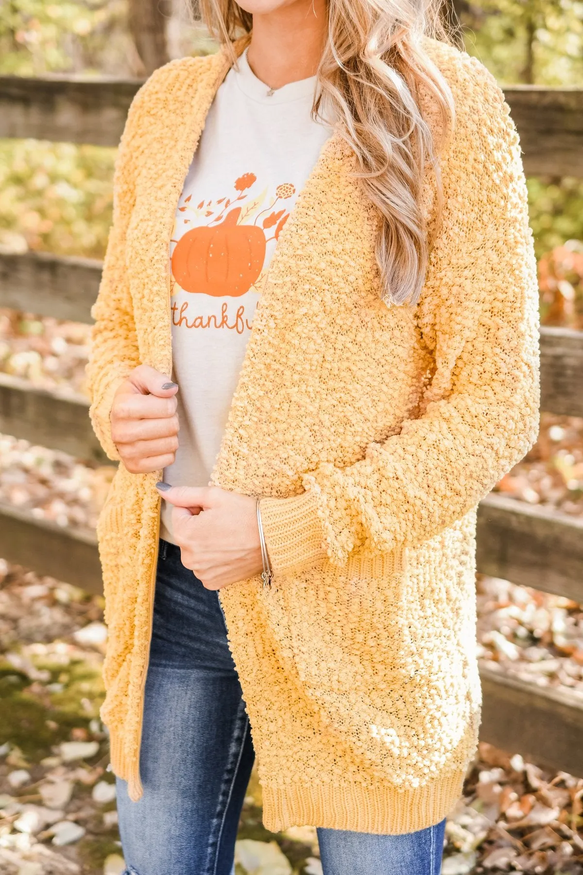 Stealing Glances Popcorn Knit Cardigan- Mustard