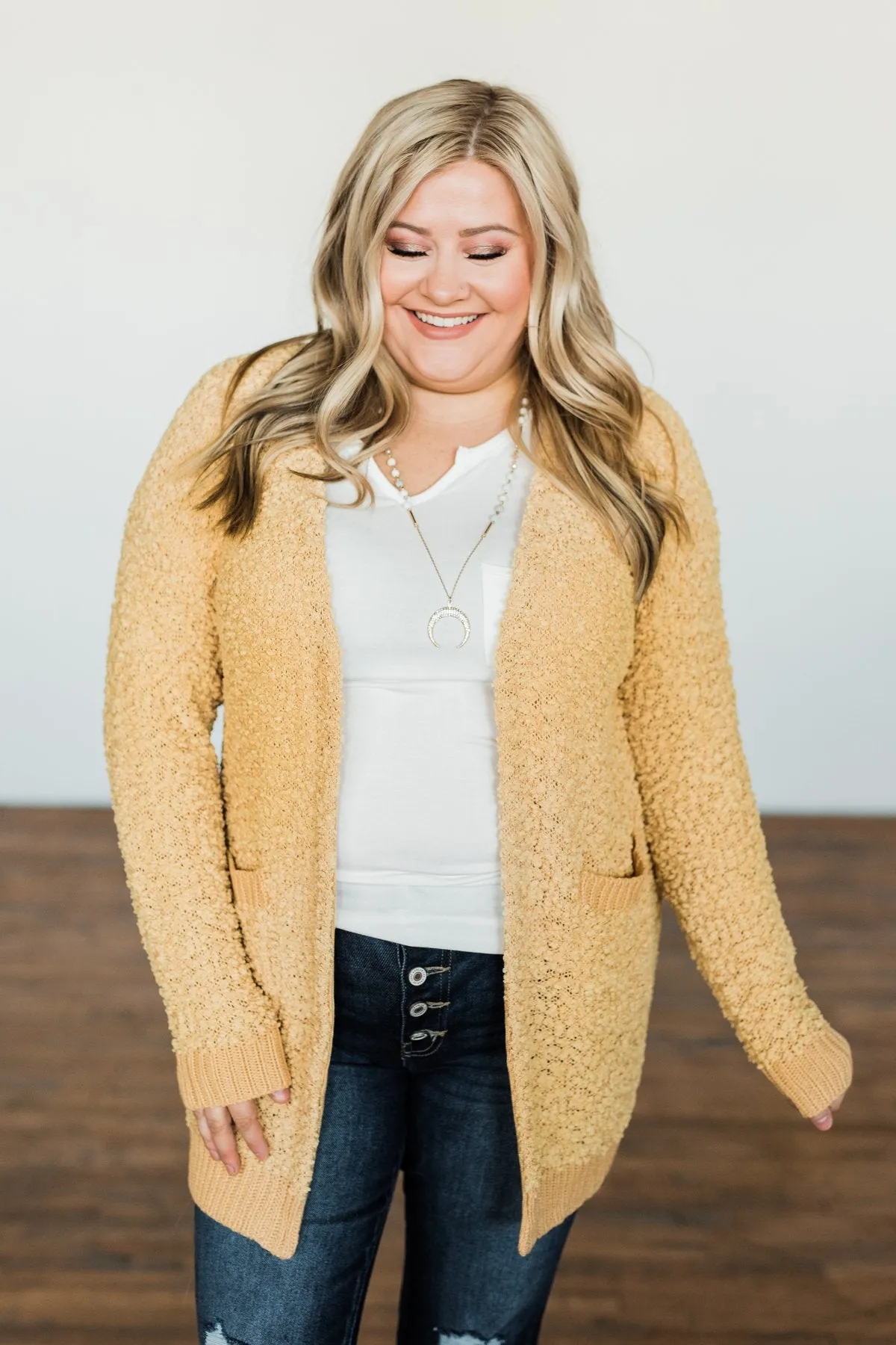 Stealing Glances Popcorn Knit Cardigan- Mustard