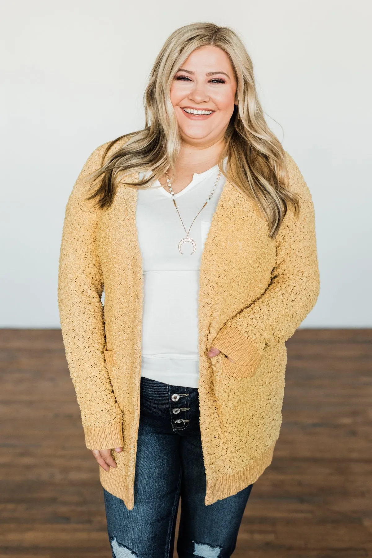 Stealing Glances Popcorn Knit Cardigan- Mustard