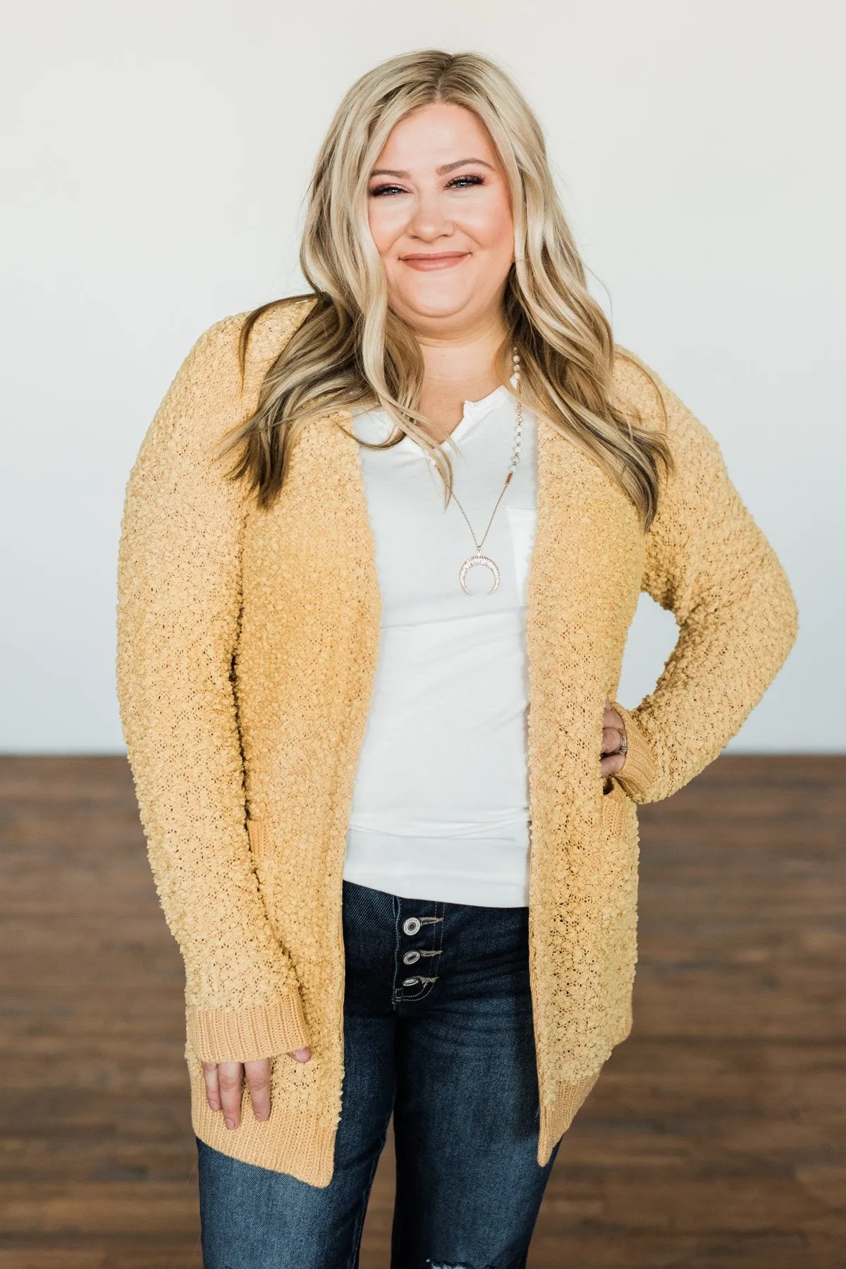 Stealing Glances Popcorn Knit Cardigan- Mustard