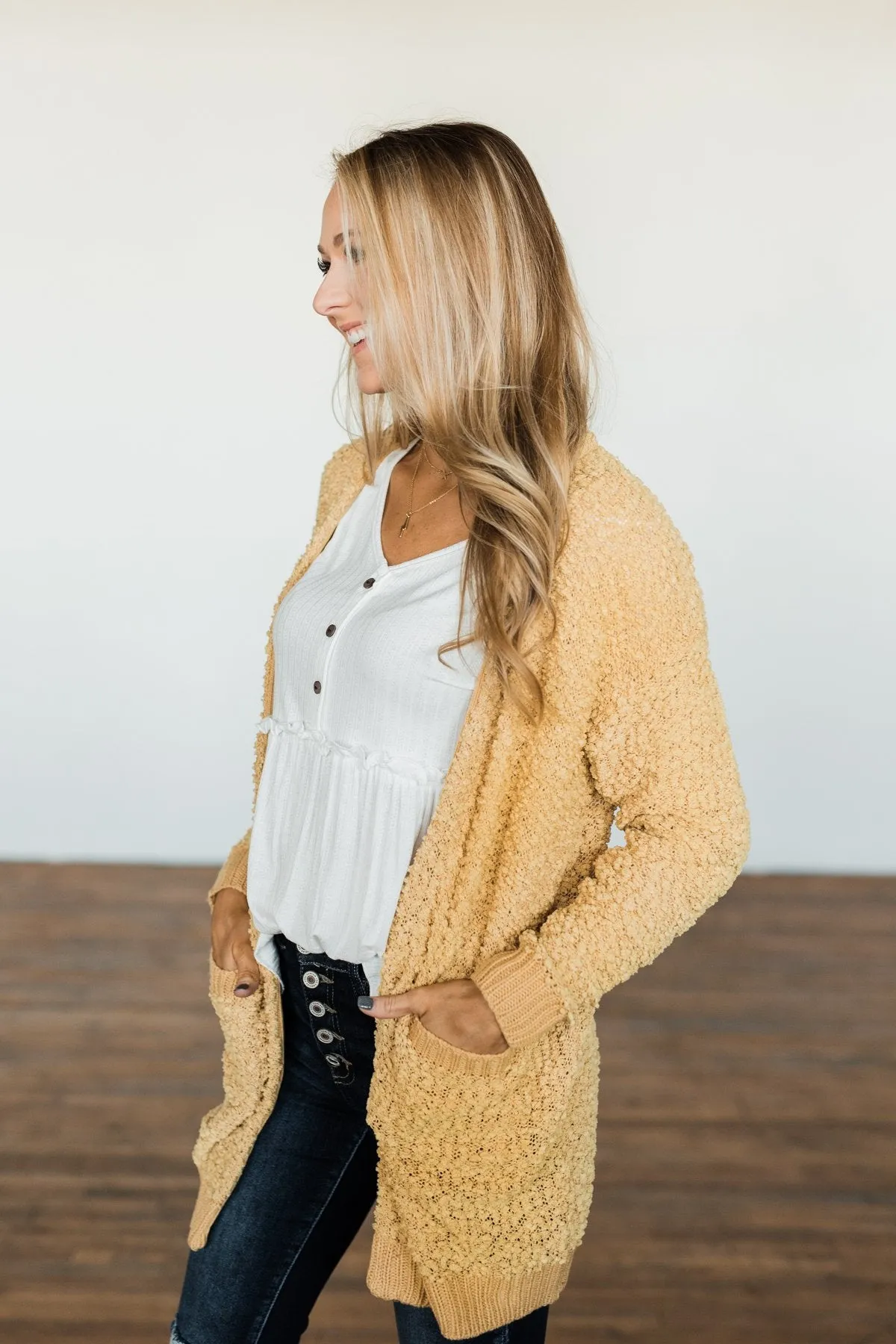 Stealing Glances Popcorn Knit Cardigan- Mustard