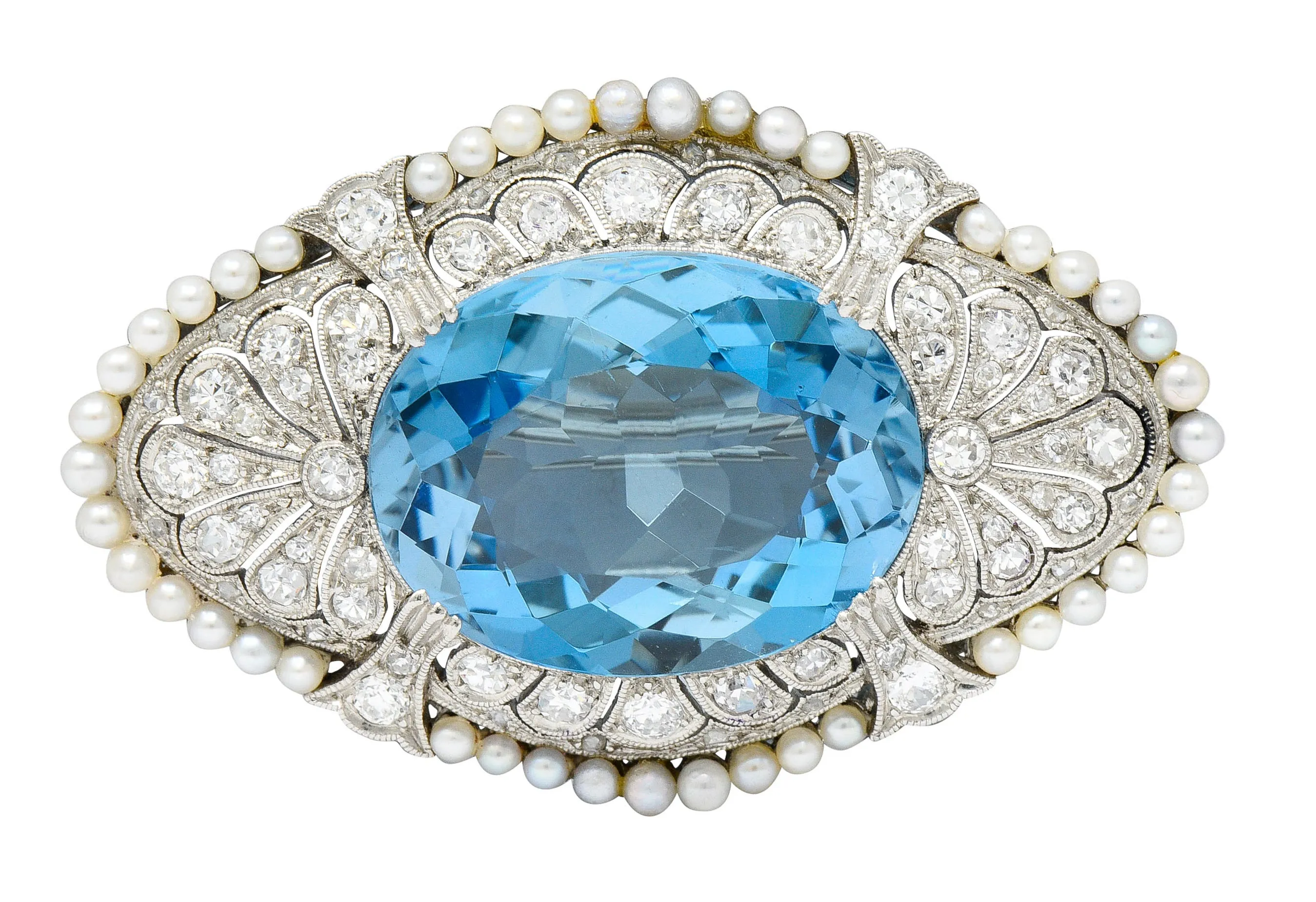 Swiss Edwardian 15.55 CTW Aquamarine Diamond Pearl Platinum Brooch