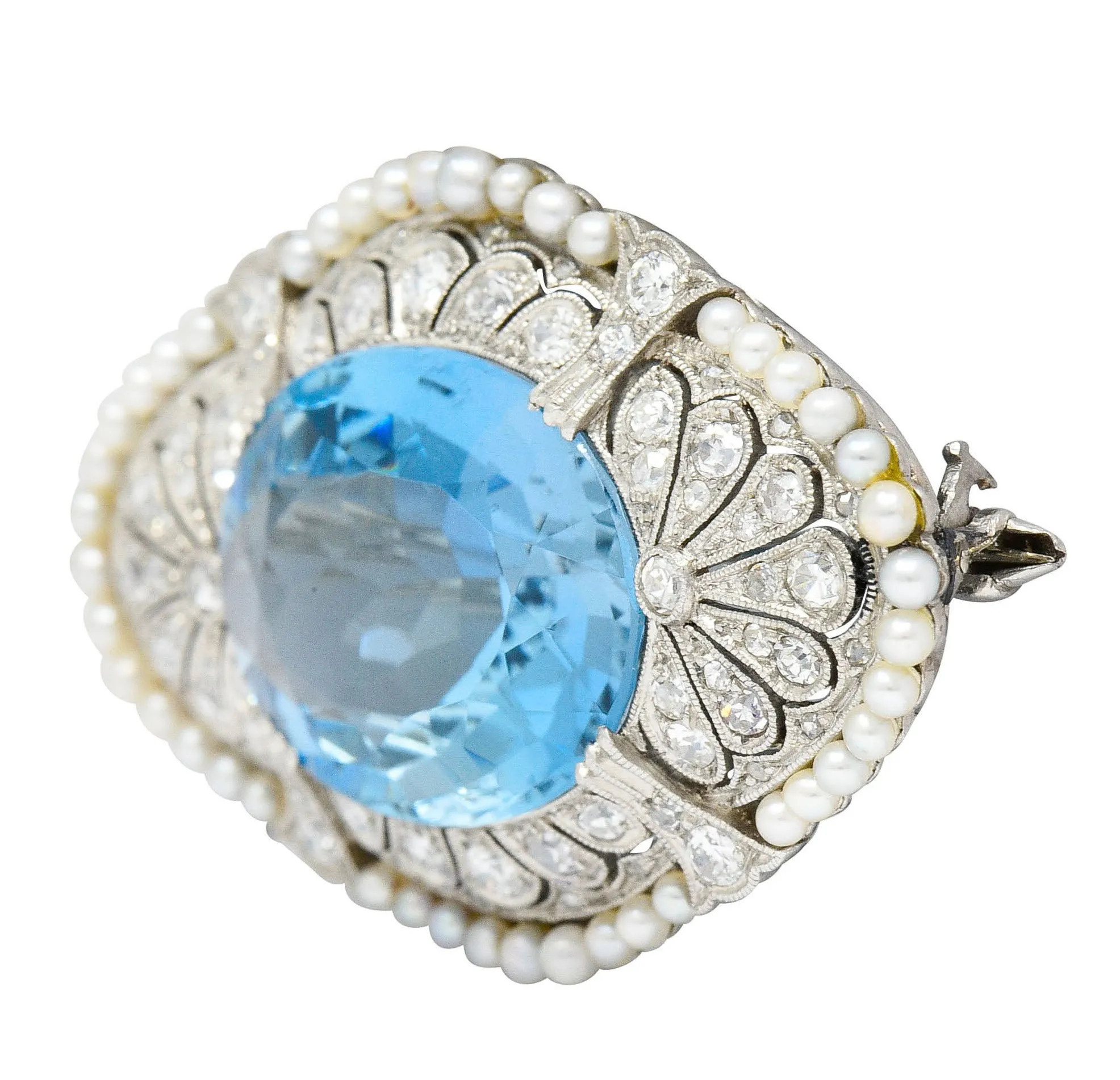 Swiss Edwardian 15.55 CTW Aquamarine Diamond Pearl Platinum Brooch