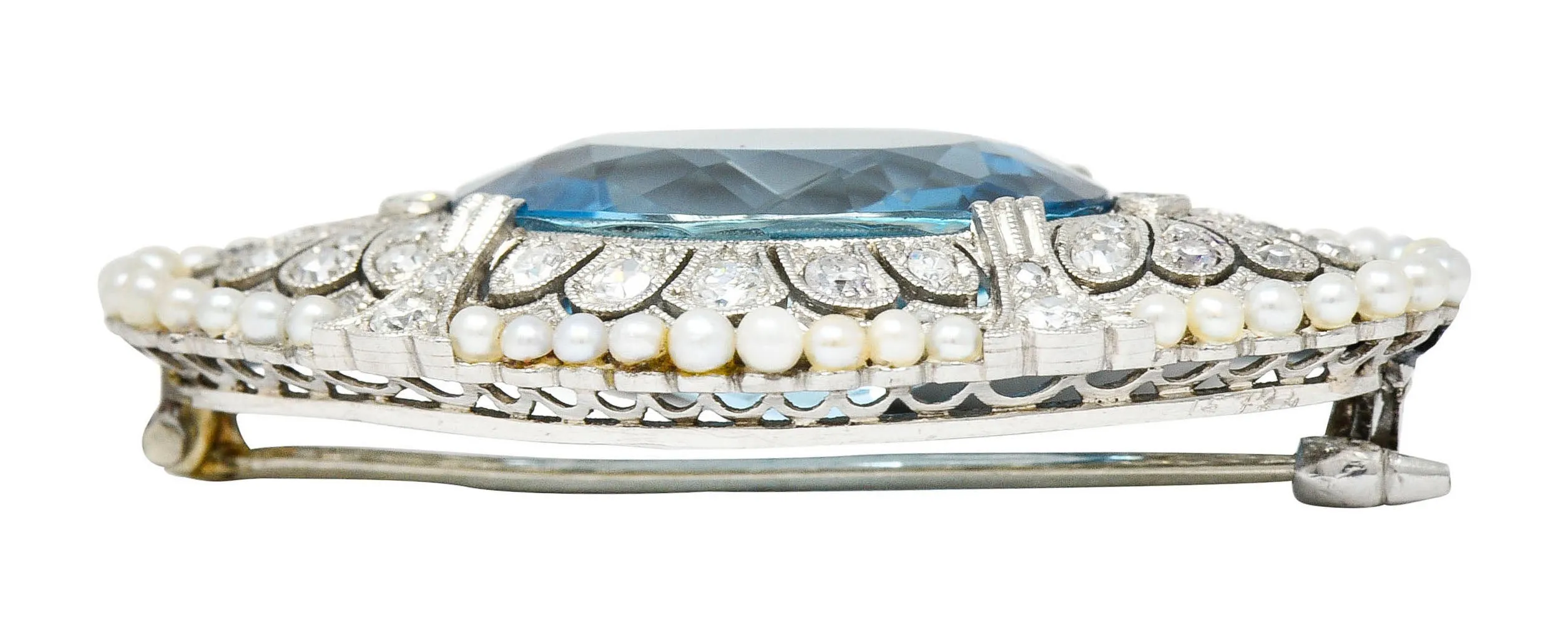 Swiss Edwardian 15.55 CTW Aquamarine Diamond Pearl Platinum Brooch