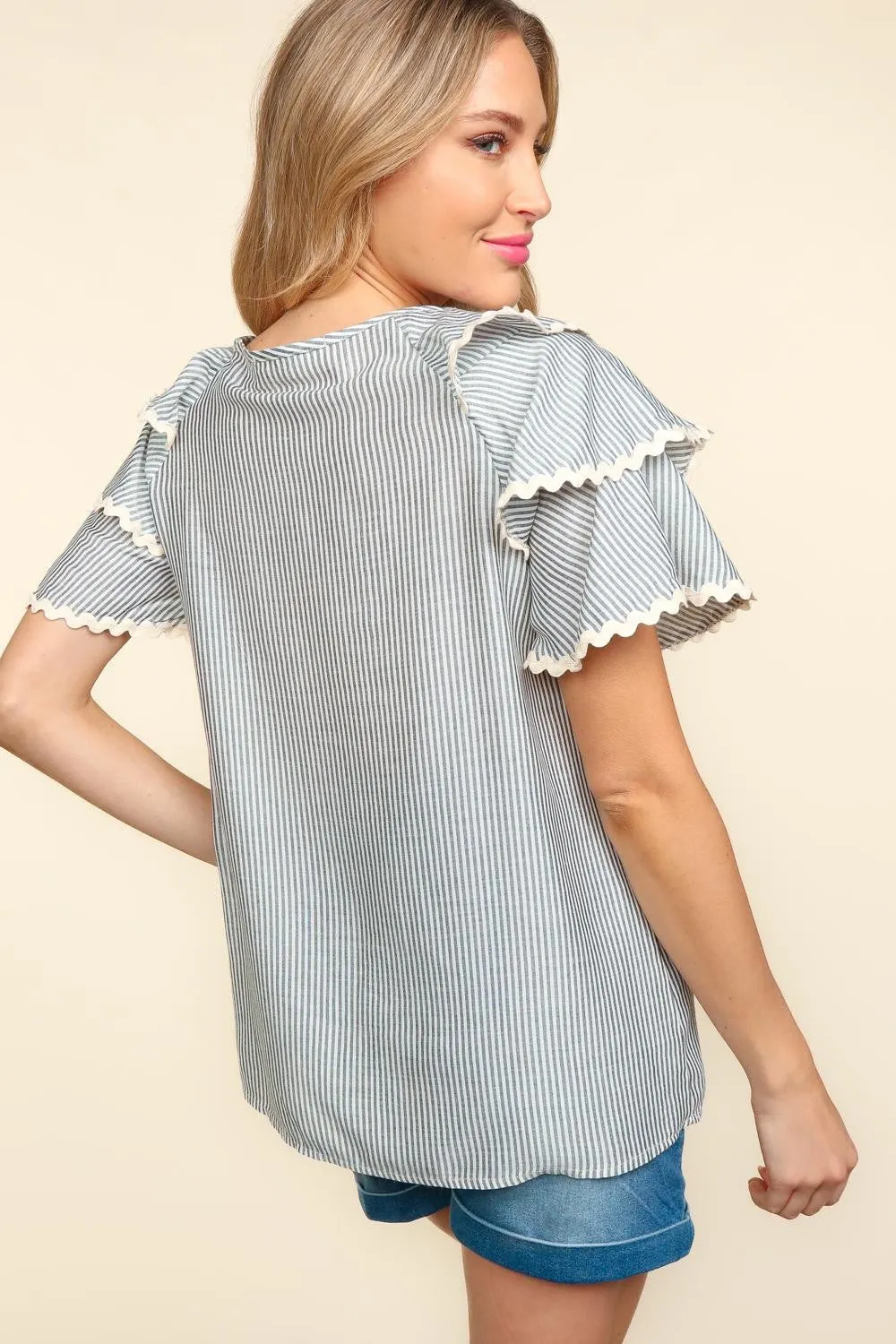 The Bettina Gray Striped Flutter Sleeve Blouse