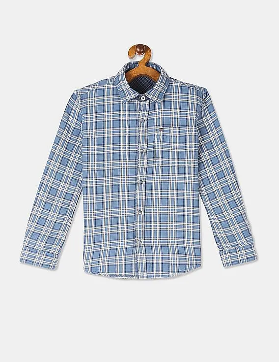 Tommy Hilfiger Kids Boys Blue Long Sleeve Double Cloth Reversible Check Shirt