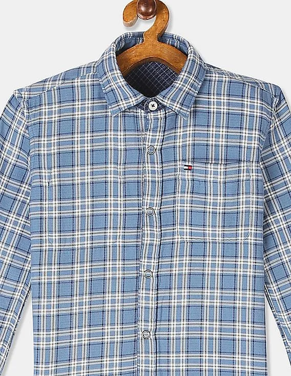 Tommy Hilfiger Kids Boys Blue Long Sleeve Double Cloth Reversible Check Shirt