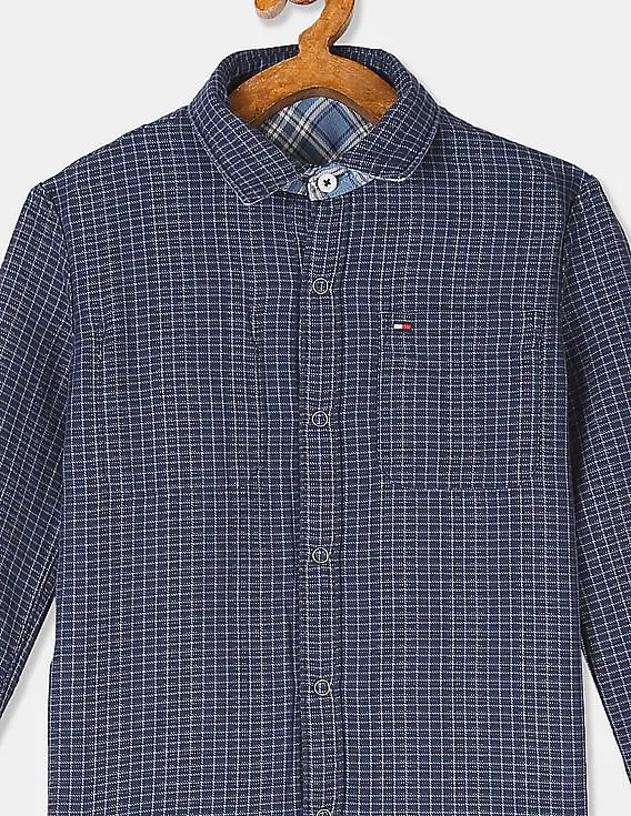 Tommy Hilfiger Kids Boys Blue Long Sleeve Double Cloth Reversible Check Shirt