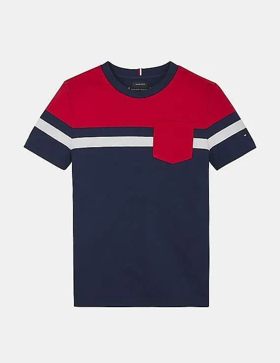 Tommy Hilfiger Kids Boys Navy And Red Crew Neck Striped T-Shirt