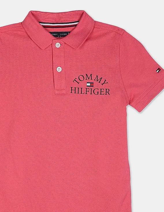 Tommy Hilfiger Kids Boys Pink Short Sleeve Chest Logo Print Polo Shirt