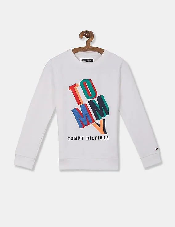 Tommy Hilfiger Kids Boys White Crew Neck Brand Embroidered Fun Artwork Sweatshirt