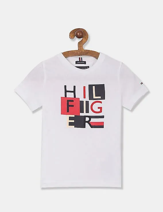 Tommy Hilfiger Kids Boys White Ribbed Crew Neck Cotton Printed T-Shirt