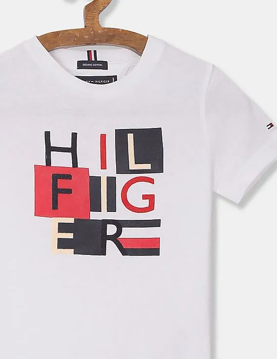 Tommy Hilfiger Kids Boys White Ribbed Crew Neck Cotton Printed T-Shirt