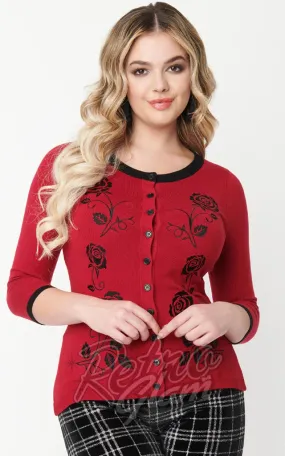 Unique Vintage Bookworm Roses Cardigan in Red & Black - XL & 3XL left only