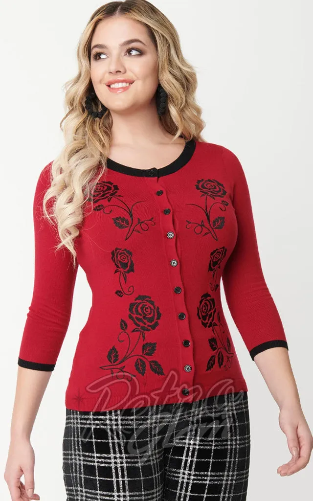 Unique Vintage Bookworm Roses Cardigan in Red & Black - XL & 3XL left only