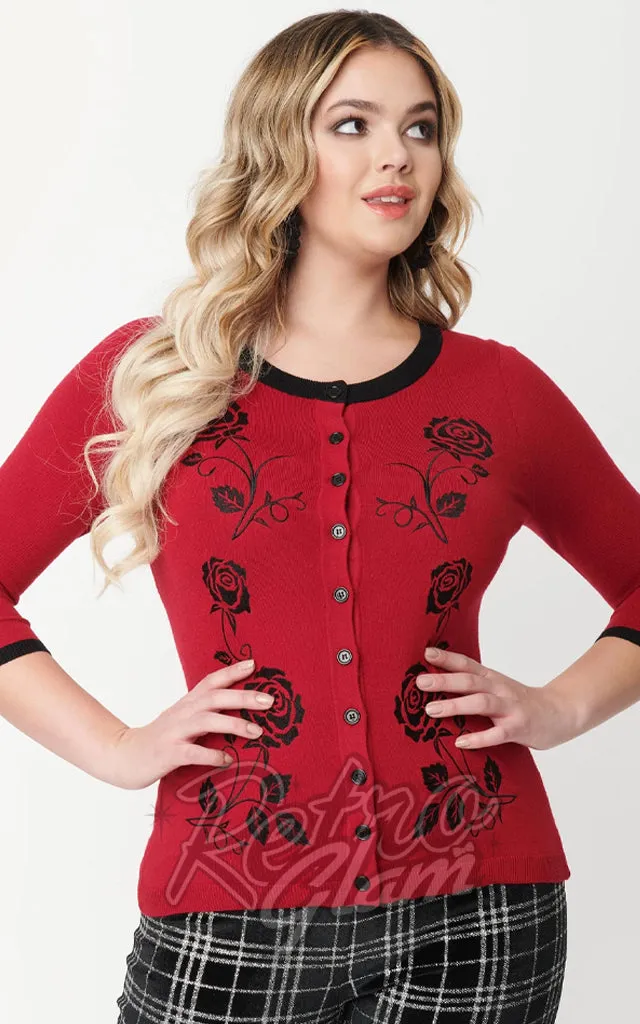 Unique Vintage Bookworm Roses Cardigan in Red & Black - XL & 3XL left only