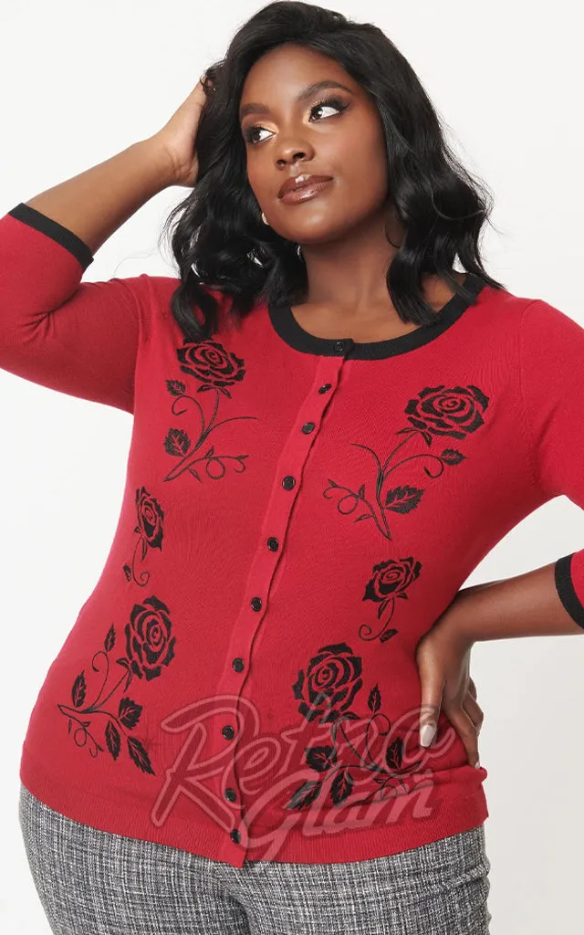 Unique Vintage Bookworm Roses Cardigan in Red & Black - XL & 3XL left only