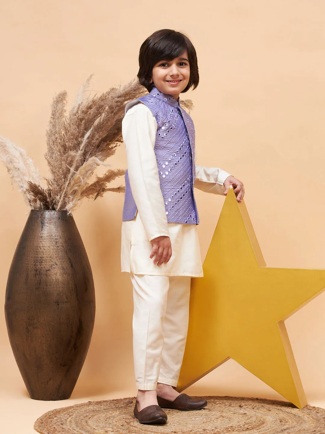 VASTRAMAY Boy's Purple Mirror Work Jacket And Solid Kurta Pyjama Set