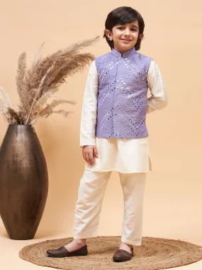 VASTRAMAY Boy's Purple Mirror Work Jacket And Solid Kurta Pyjama Set