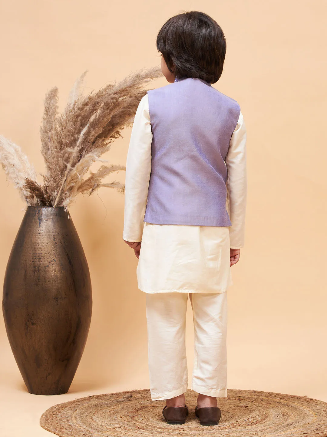 VASTRAMAY Boy's Purple Mirror Work Jacket And Solid Kurta Pyjama Set