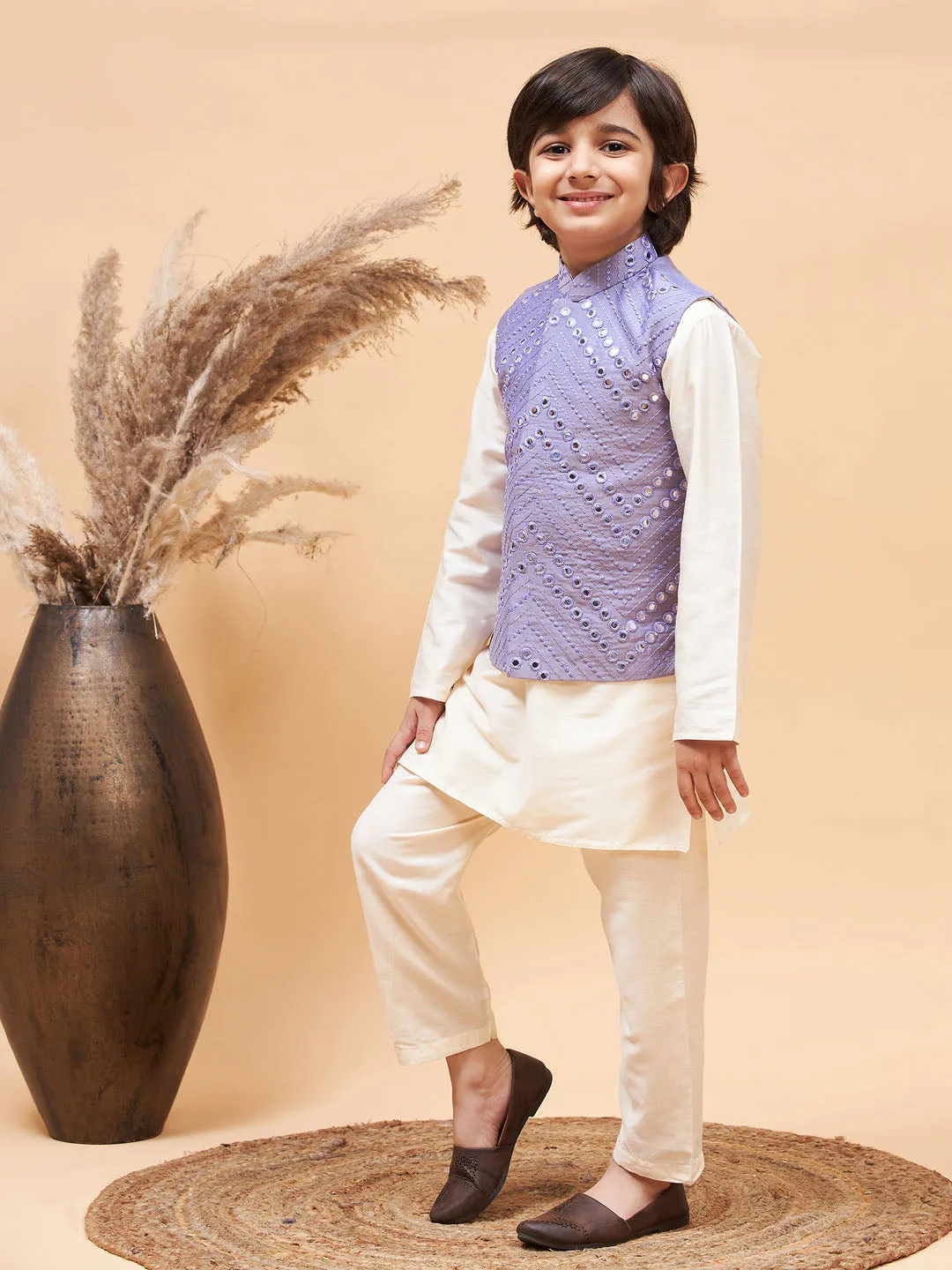 VASTRAMAY Boy's Purple Mirror Work Jacket And Solid Kurta Pyjama Set