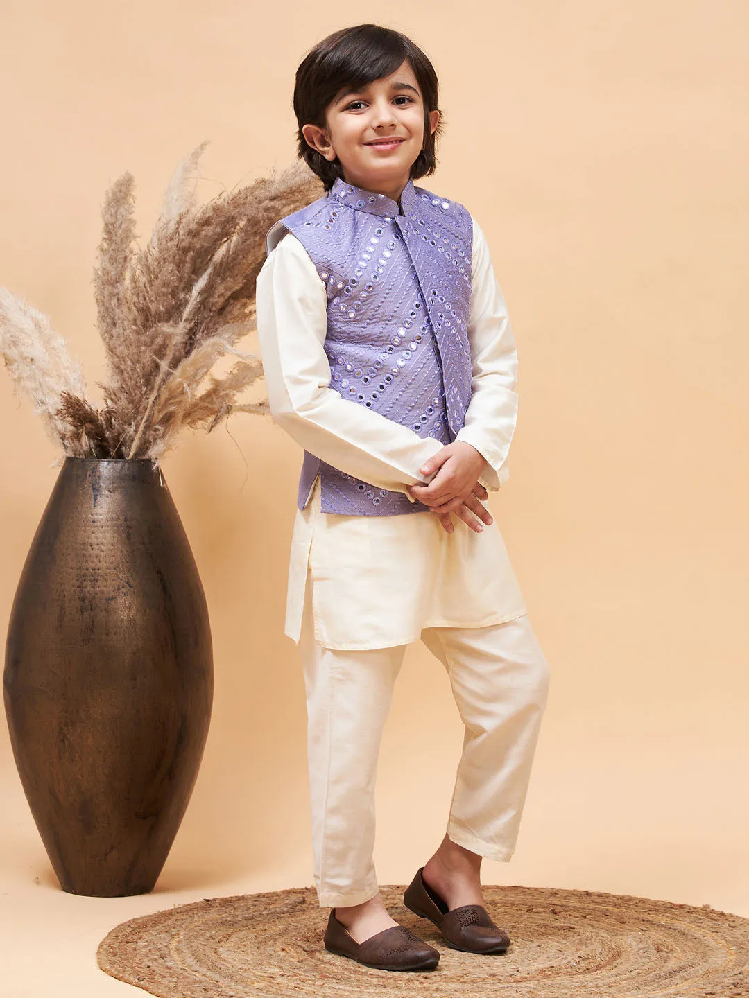 VASTRAMAY Boy's Purple Mirror Work Jacket And Solid Kurta Pyjama Set