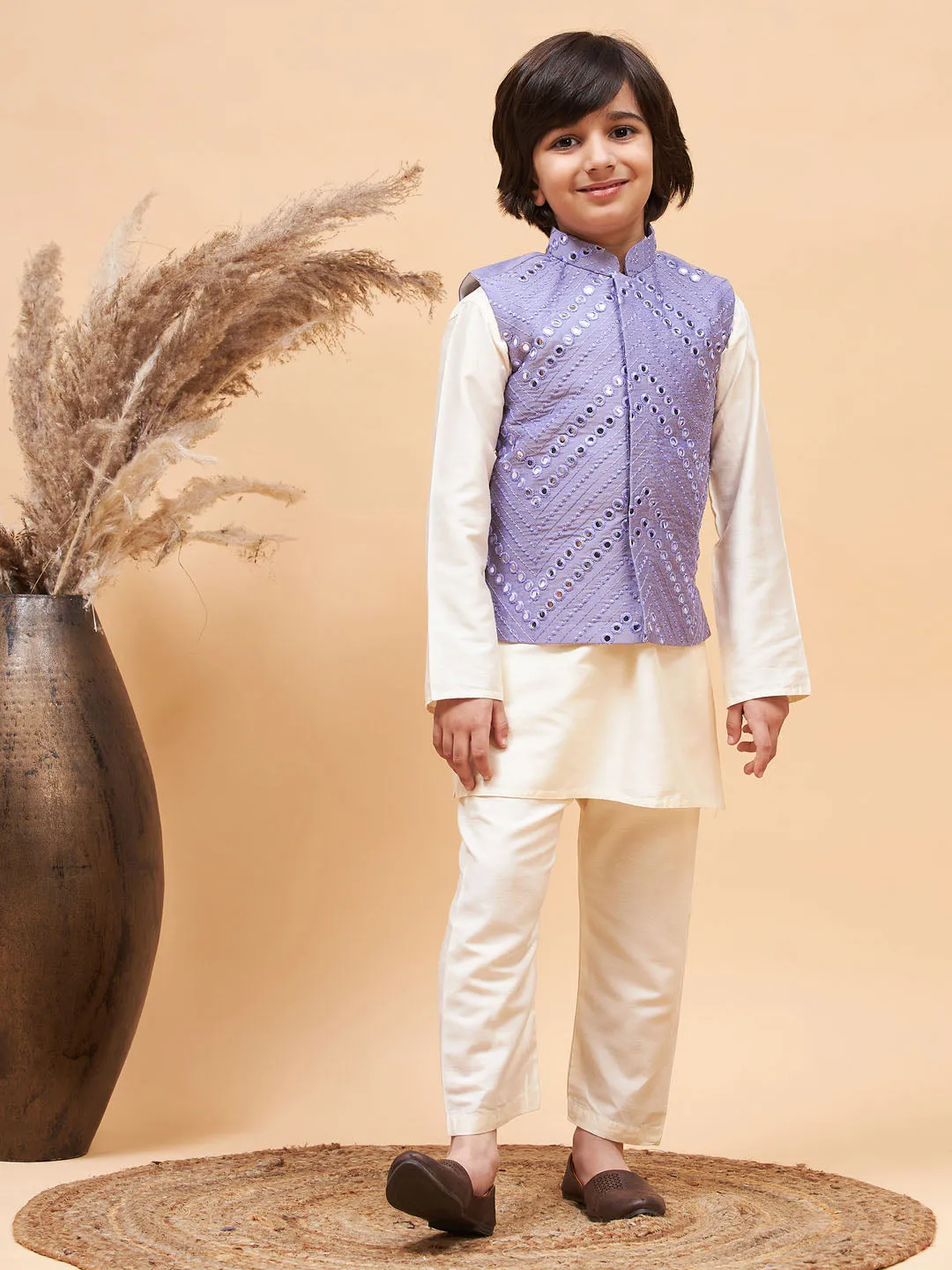 VASTRAMAY Boy's Purple Mirror Work Jacket And Solid Kurta Pyjama Set