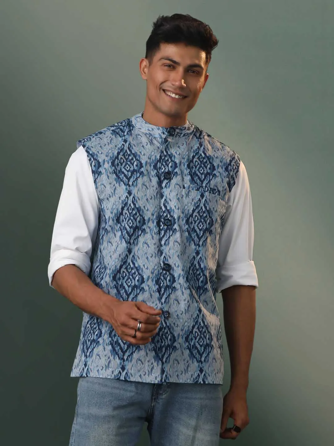 Vastramay Men's Blue Printed Nehru Jacket