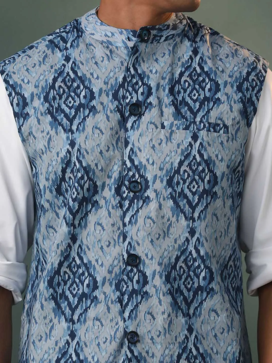 Vastramay Men's Blue Printed Nehru Jacket